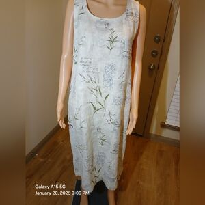 R&K Petite Originals Floral Sleeveless Midi Dress 100% Linen Size Large
